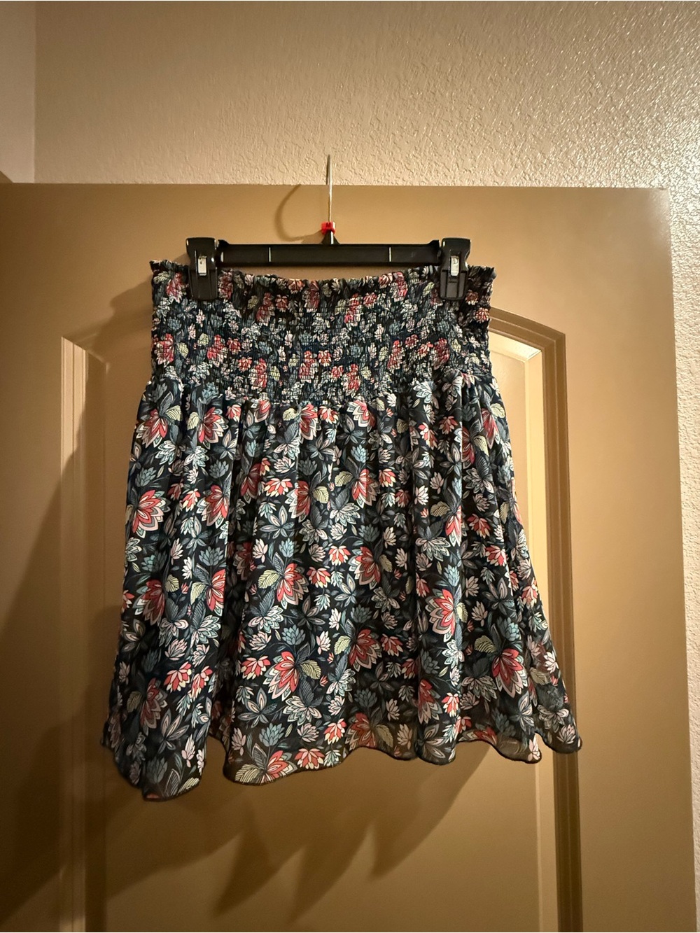 Floral Smocked Waist Mini Skirt | Navy Multicolor Boho Pull-On Skirt | Medium